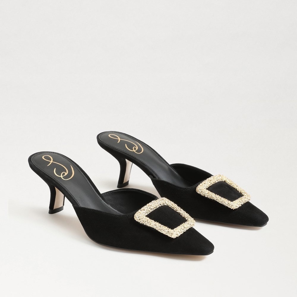 Sam Edelman Black Pointed-Toe Mules with Gold Buckle